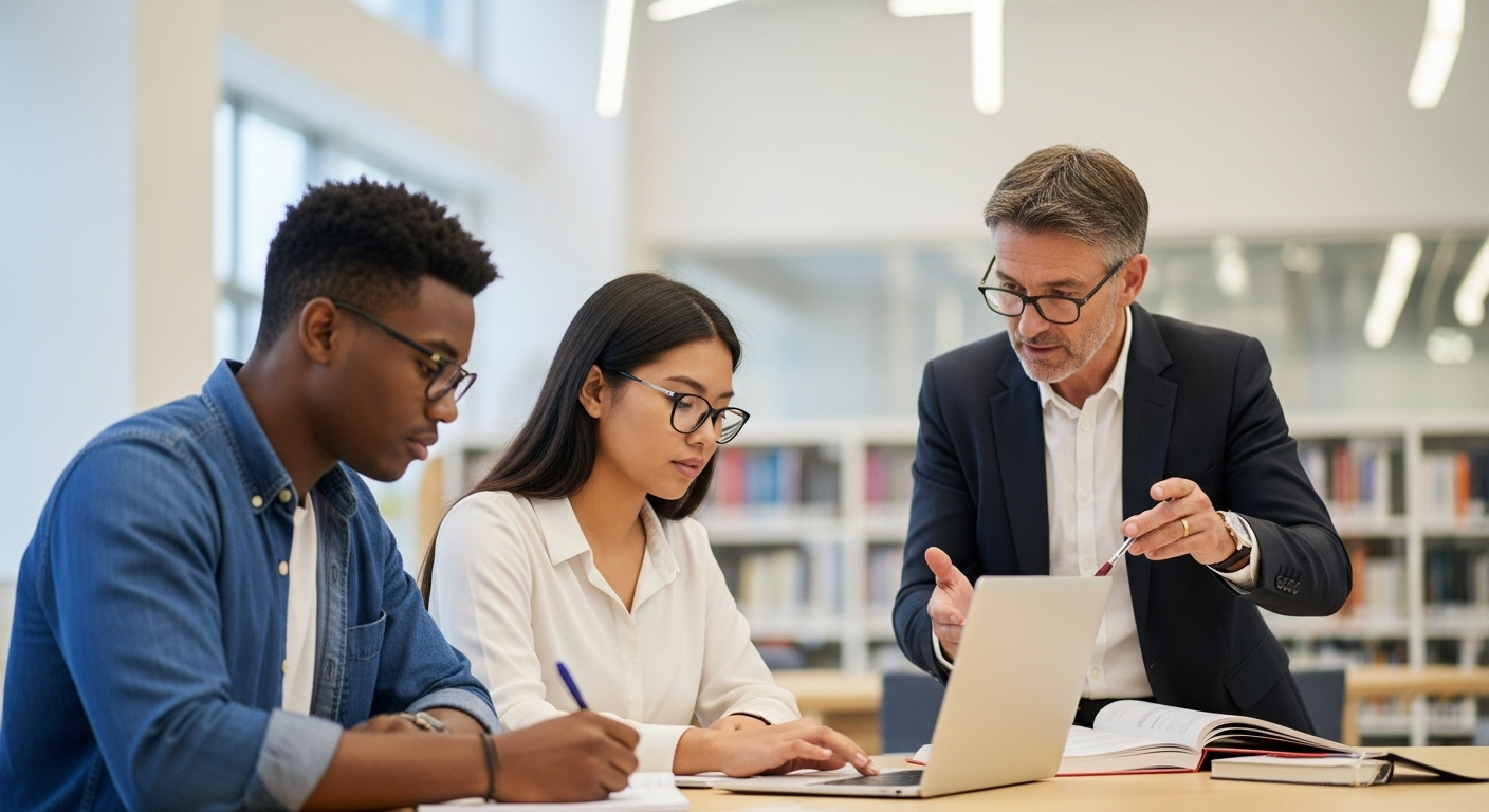 Étudiant, étudiante et professeur travaillant ensemble dans un environnement universitaire moderne